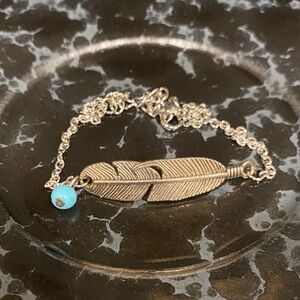 Boho Silver Feather Ankle Bracelet with Turquoise Bead Accent